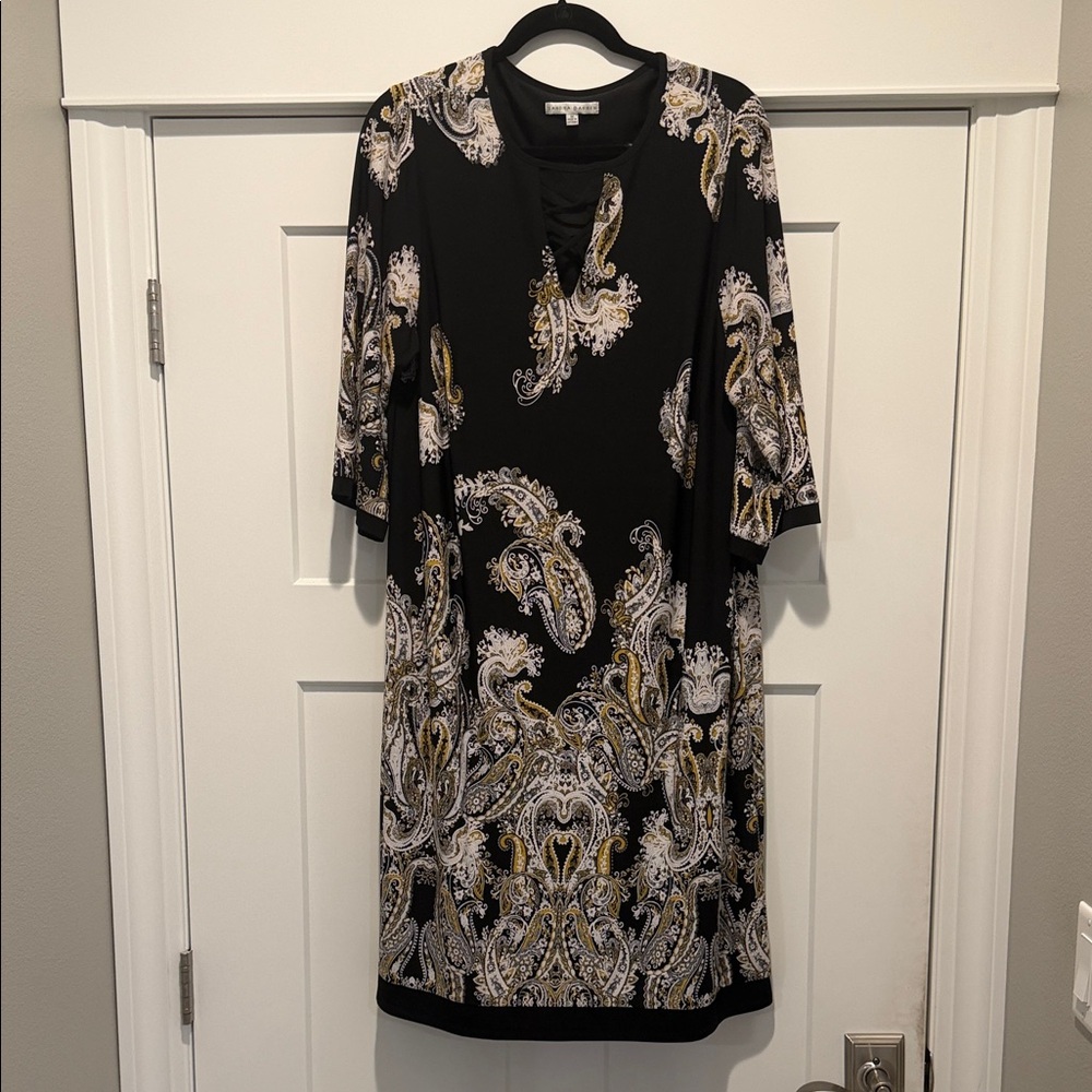Sandra Darren Black Paisley Lace-Up Midi Dress with Gold Accents
